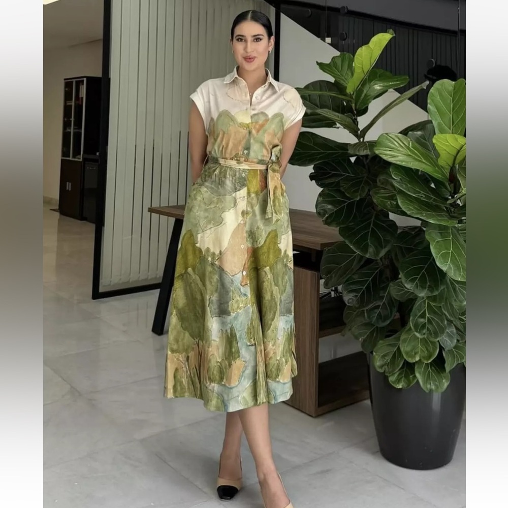 Zara Green Multi-Tone Printed Midi Dress